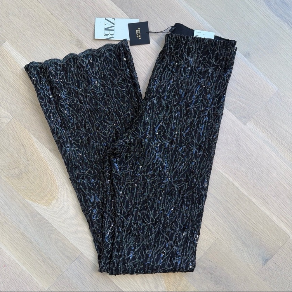 ZARA Black Sequin Lace Flare Pants M NWT Sheer Party Festival - Picture 7 of 8